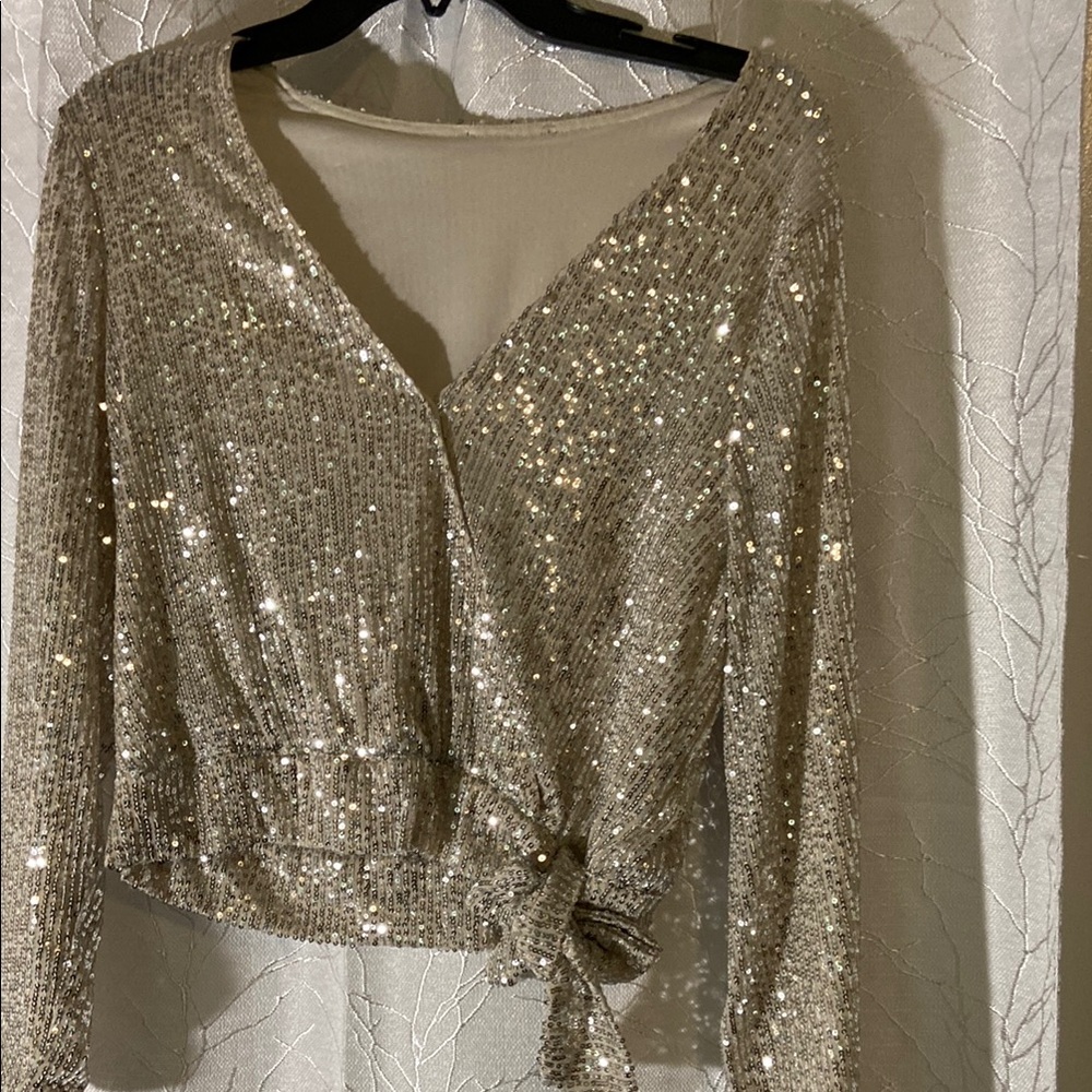 Cream Sequin 3/4 Sleeve Blouse with Tie Front